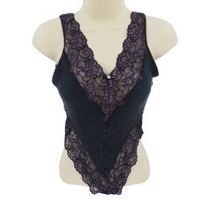 Vintage Bonjour Womens 6 Medium Ruched Crinkled Black Purple Lace Bodysuit Sexy